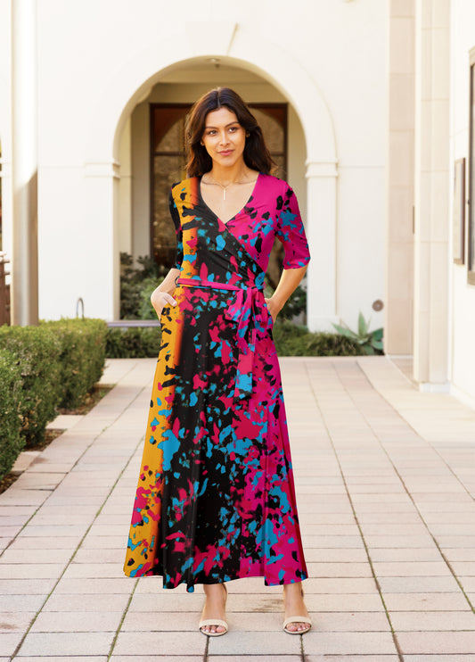 Elegant Print Maxi Dress with Waist Tie-Yellow Black Turquoise Abstract