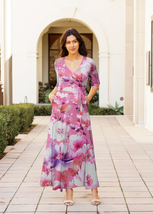 Elegant Print Maxi Dress with Waist Tie-Light Pink