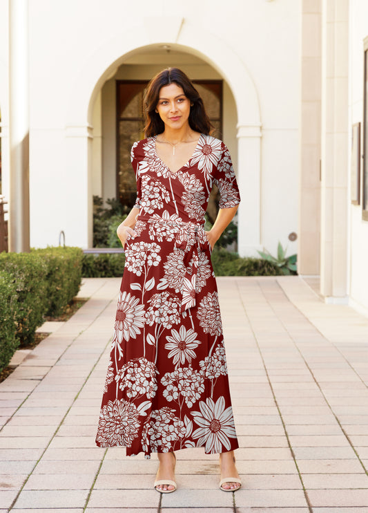 Elegant Print Maxi Dress with Waist Tie-Rust Beige Floral