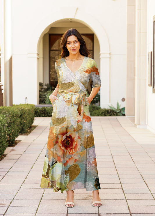 Elegant Print Maxi Dress with Waist Tie-Beige Orange Floral