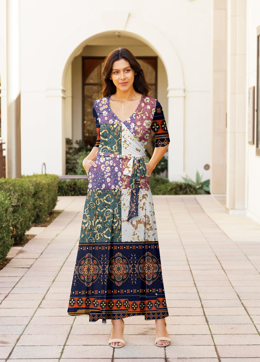 Elegant Print Maxi Dress with Waist Tie-Navy Multi
