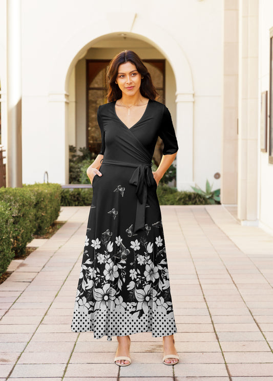 Elegant Print Maxi Dress with Waist Tie-Black White Floral