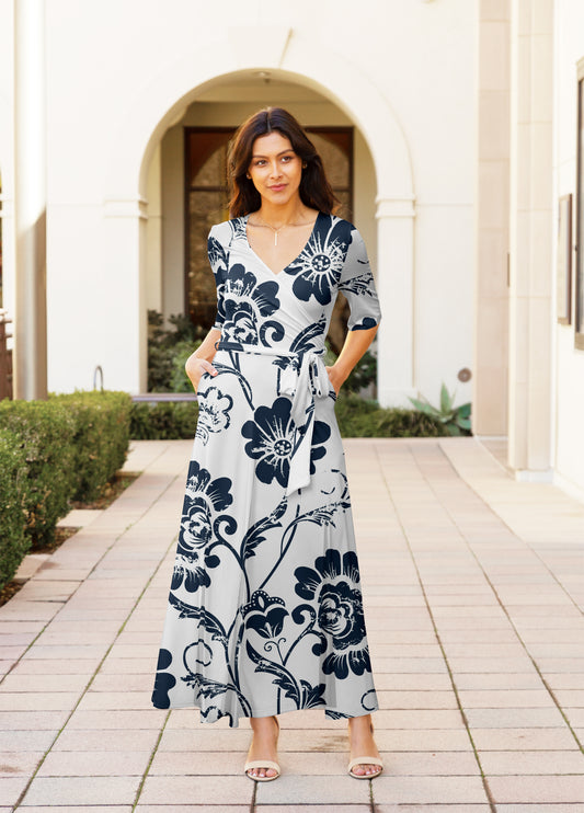 Elegant Print Maxi Dress with Waist Tie-Blue White Vintage