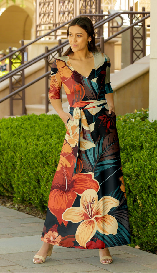 Resort-Ready Maxi Dress with Beautiful Prints-M20180073-2 Orange Multi Floral