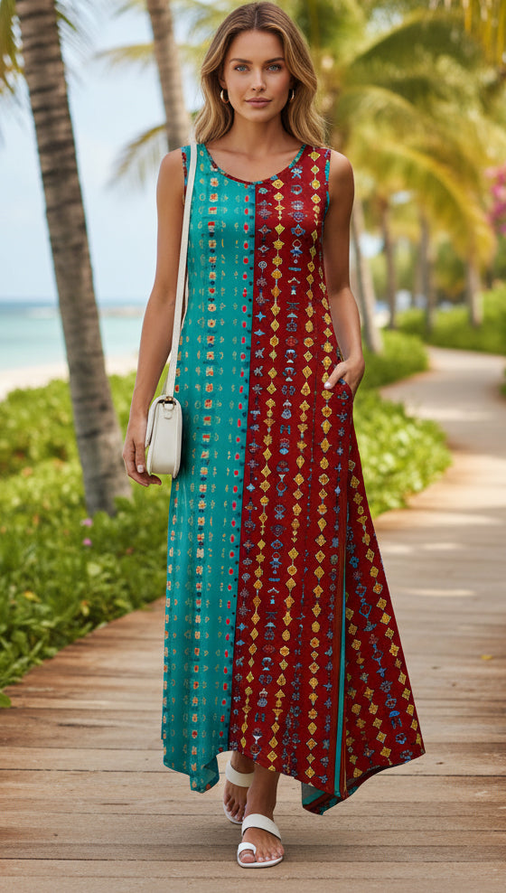 Bold Print Handkerchief Maxi Dress-Blue Multi