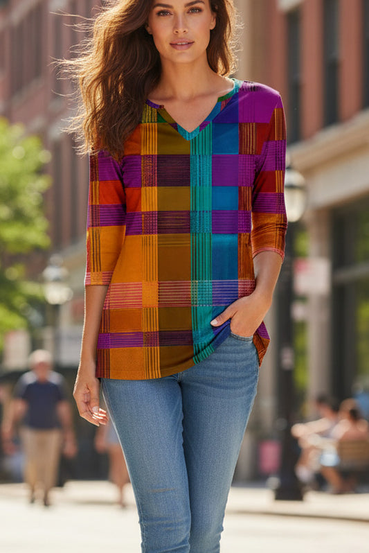 Classic Notch Neck Tunic Vibrant Plaid