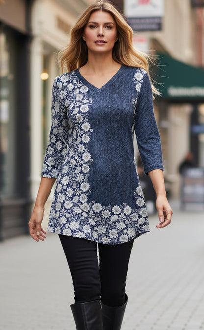 Classic Notch Neck Tunic Black & Heather Gray Gradient