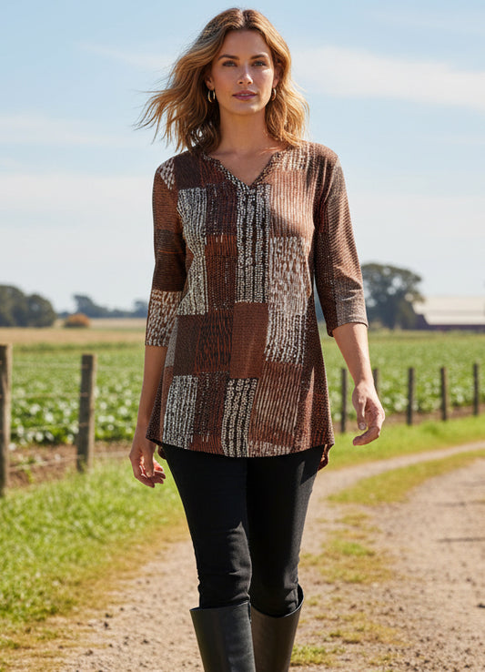 Classic Notch Neck Tunic Patchwork Brown