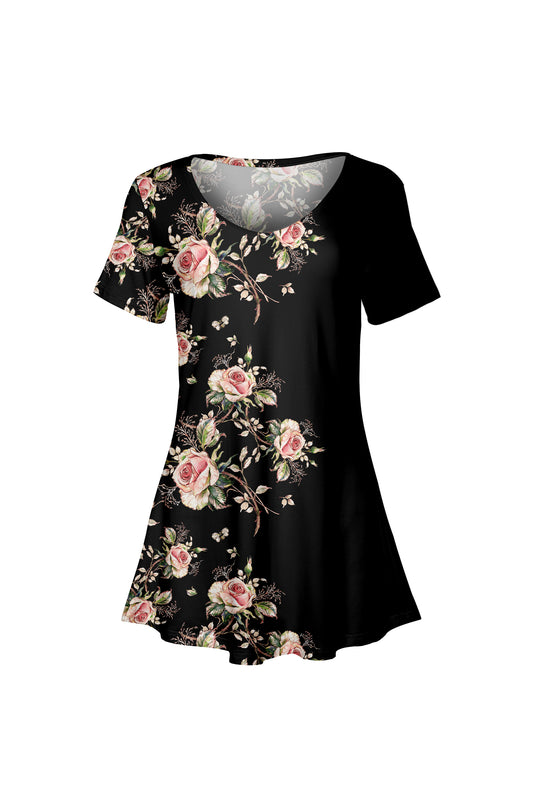 Printed Travel-Ready Tunic-Pink Rose Black