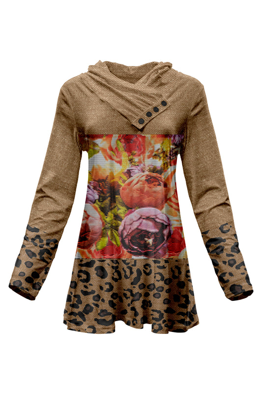 Classic Cowl Neck Tunic - Brown Animal Floral