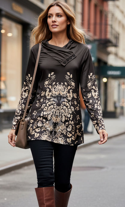 Classic Cowl Neck Tunic-Brown Gold