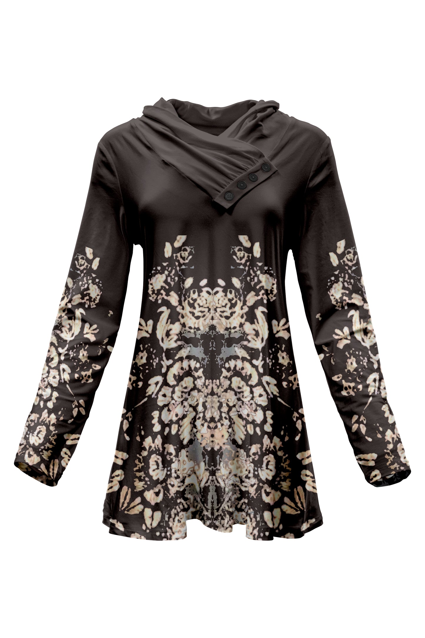 Classic Cowl Neck Tunic-Black White Fixed Floral