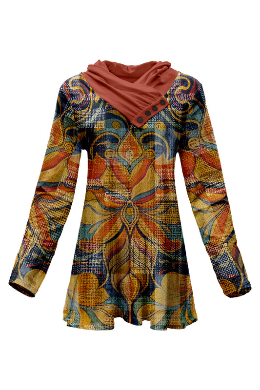 Classic Cowl Neck Tunic-Rust Yellow Boho