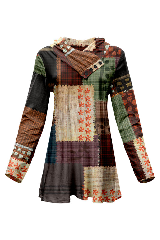 Classic Cowl Neck Tunic-Brown Beige Multi Patched