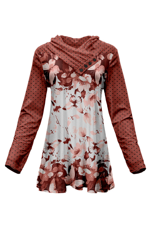 Classic Cowl Neck Tunic-Rust Dots White Floral