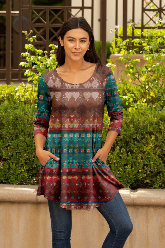 Long Sleeves Tunic-Brown Teal Strips