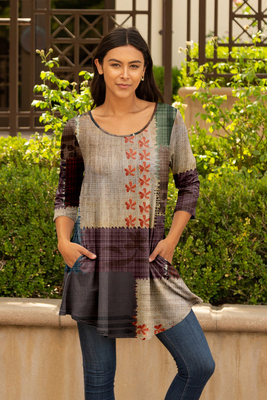 Long Sleeves Tunic-Beige Brown Multi