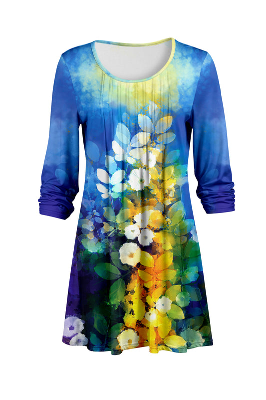 Elegant Pleated Front Tunic-Blue Yellow