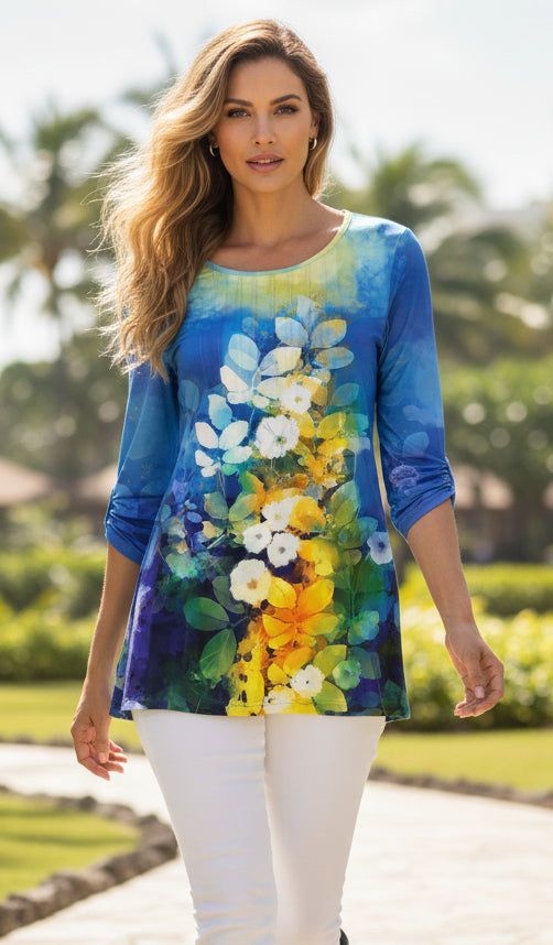 Elegant Pleated Front Tunic-Blue Yellow