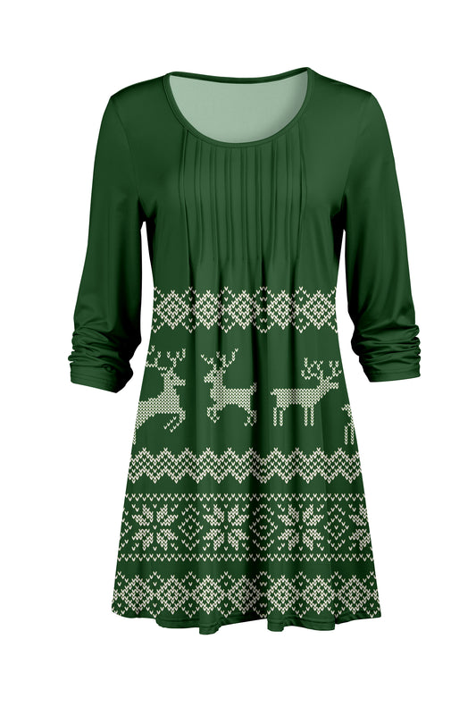 Elegant Pleated Front Tunic-Green Whhite