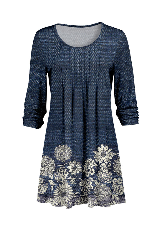 Elegant Pleated Front Tunic-Blue White