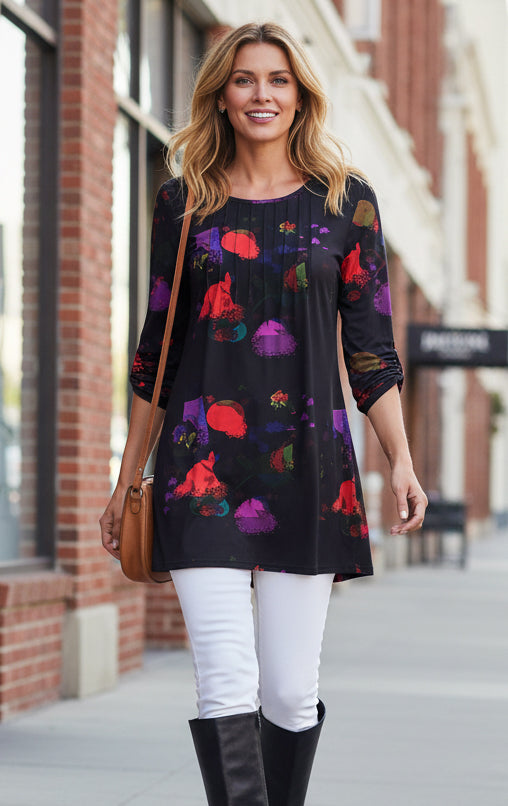 Elegant Pleated Front Tunic-Black Red