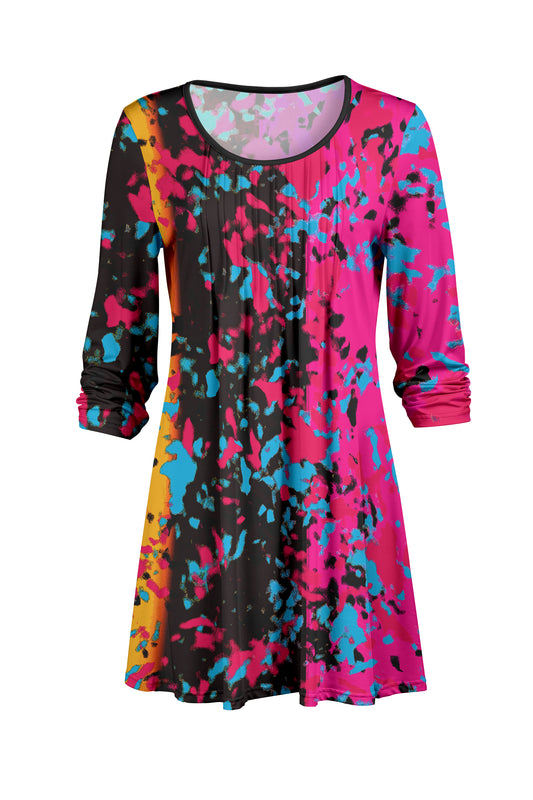 Elegant Pleated Front Tunic-Yellow Black Turquoise Abstract