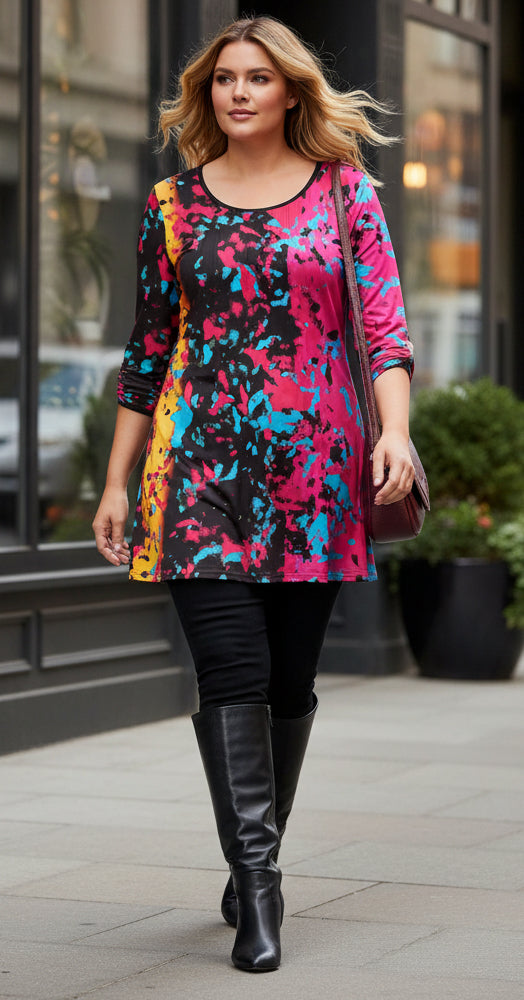 Elegant Pleated Front Tunic-Yellow Black Turquoise Abstract