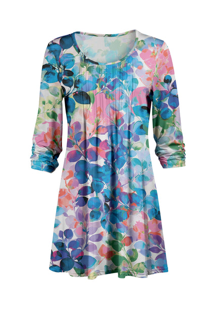 Elegant Pleated Front Tunic-Yellow Black Turquoise Abstract