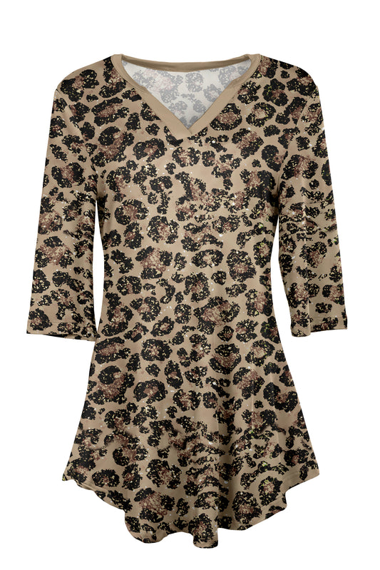Soft V-Neck 3/4 Sleeve Tunic-Brown Animal