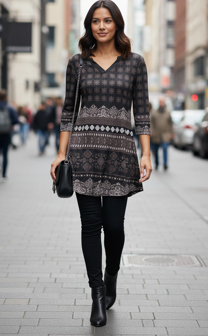 Soft V-Neck 3/4 Sleeve Tunic-Black Brown Boho