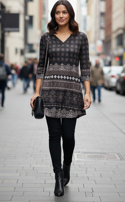 Soft V-Neck 3/4 Sleeve Tunic-Black Brown Boho