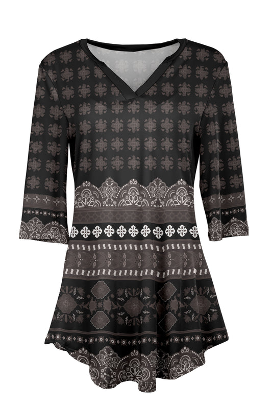 Soft V-Neck 3/4 Sleeve Tunic-Black Brown Boho
