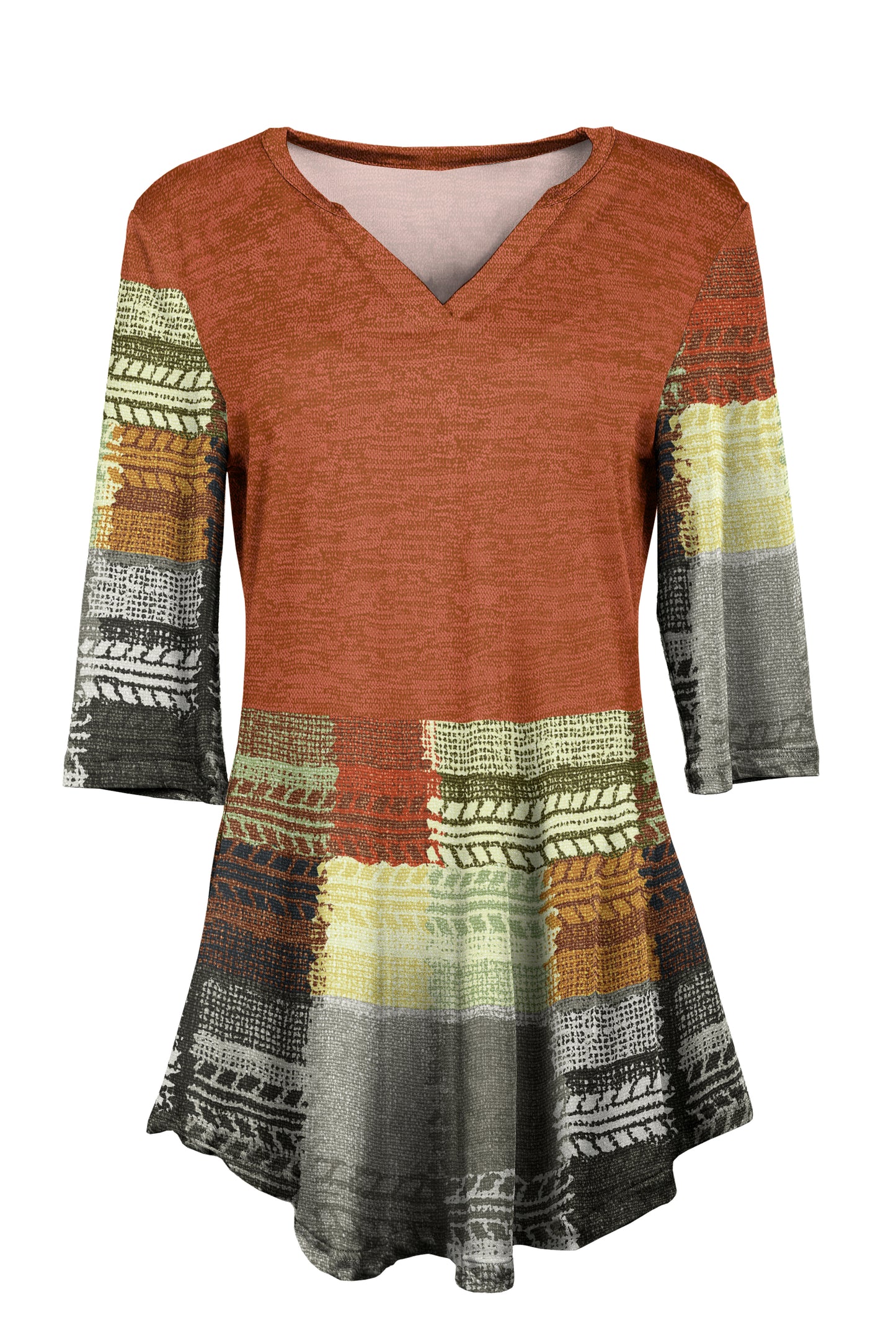 Soft V-Neck 3/4 Sleeve Tunic-Red White