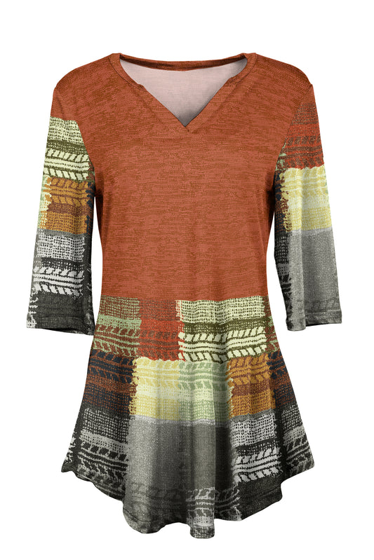 Soft V-Neck 3/4 Sleeve Tunic-Orange Multi