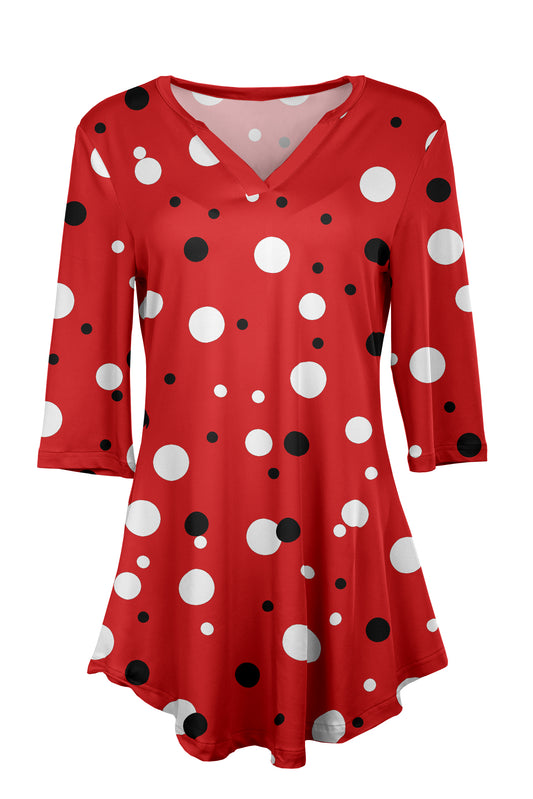 Soft V-Neck 3/4 Sleeve Tunic-Red White Dots