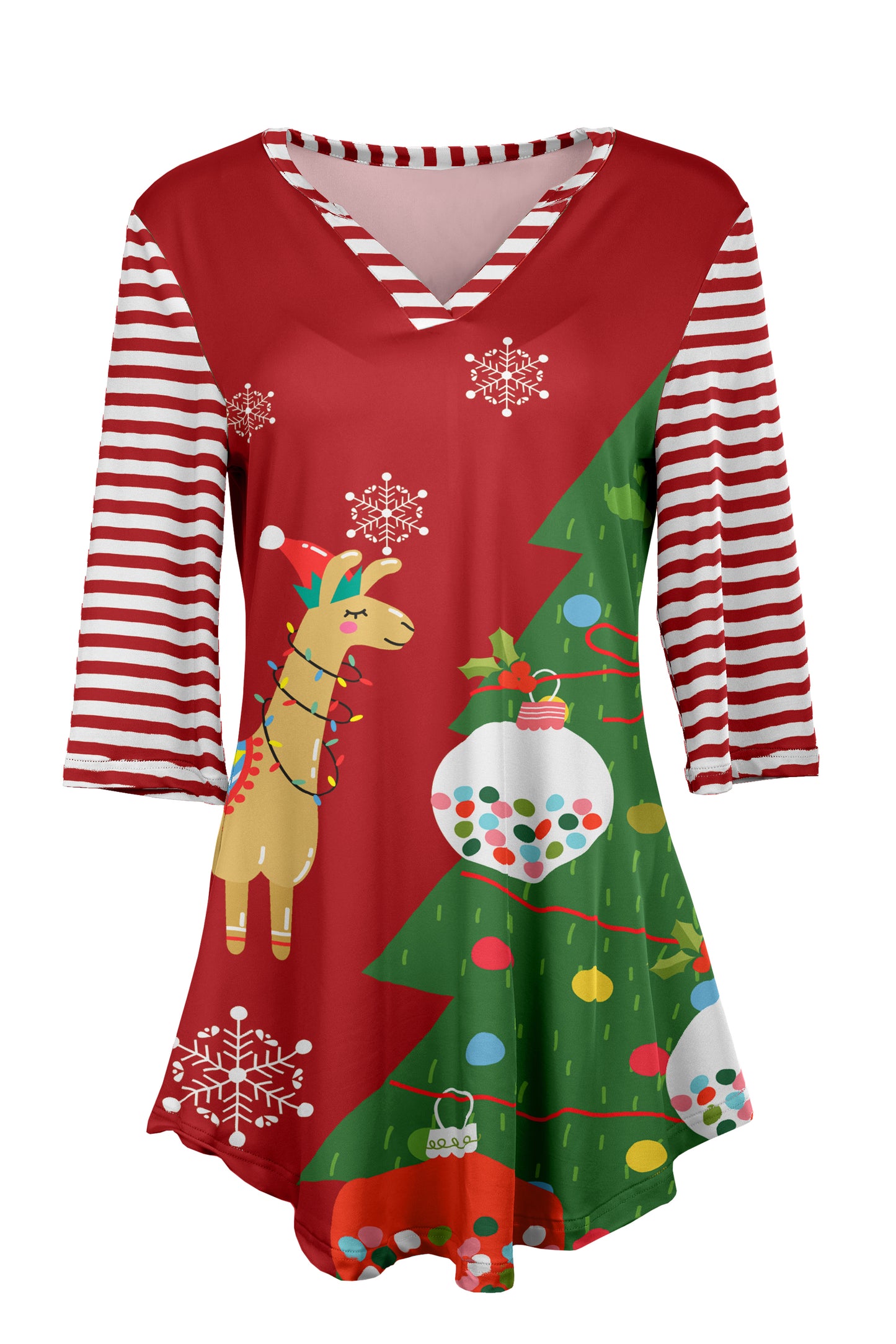 Soft V-Neck 3/4 Sleeve Tunic-Red White