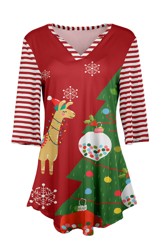 Soft V-Neck 3/4 Sleeve Tunic-Red White