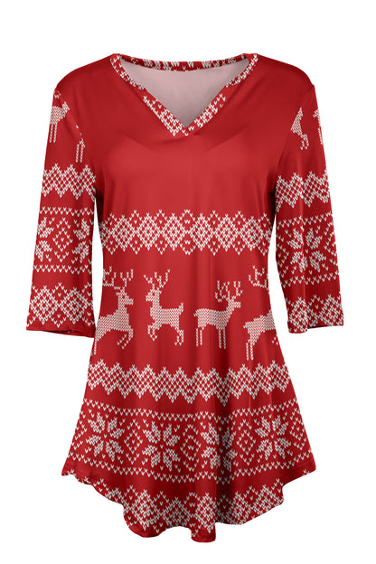 Soft V-Neck 3/4 Sleeve Tunic-Red White
