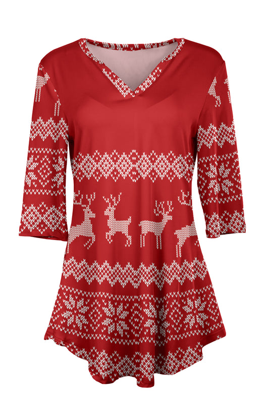 Soft V-Neck 3/4 Sleeve Tunic-Red White Holiday Prints