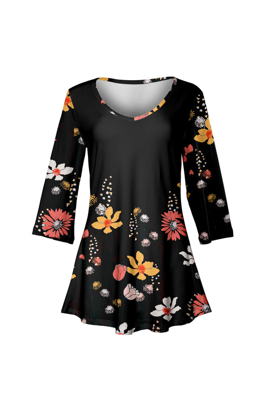 Soft V-Neck 3/4 Sleeve Tunic-Black Floral