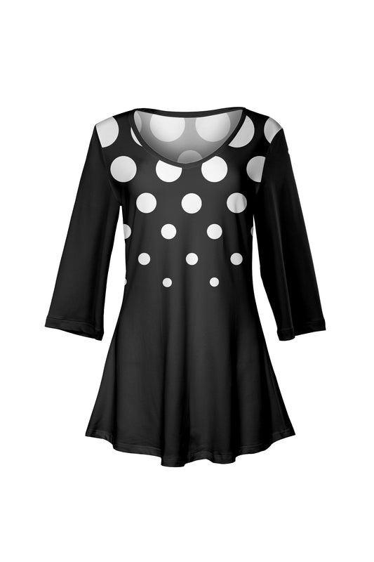 Soft V-Neck 3/4 Sleeve Tunic-Black White Dots