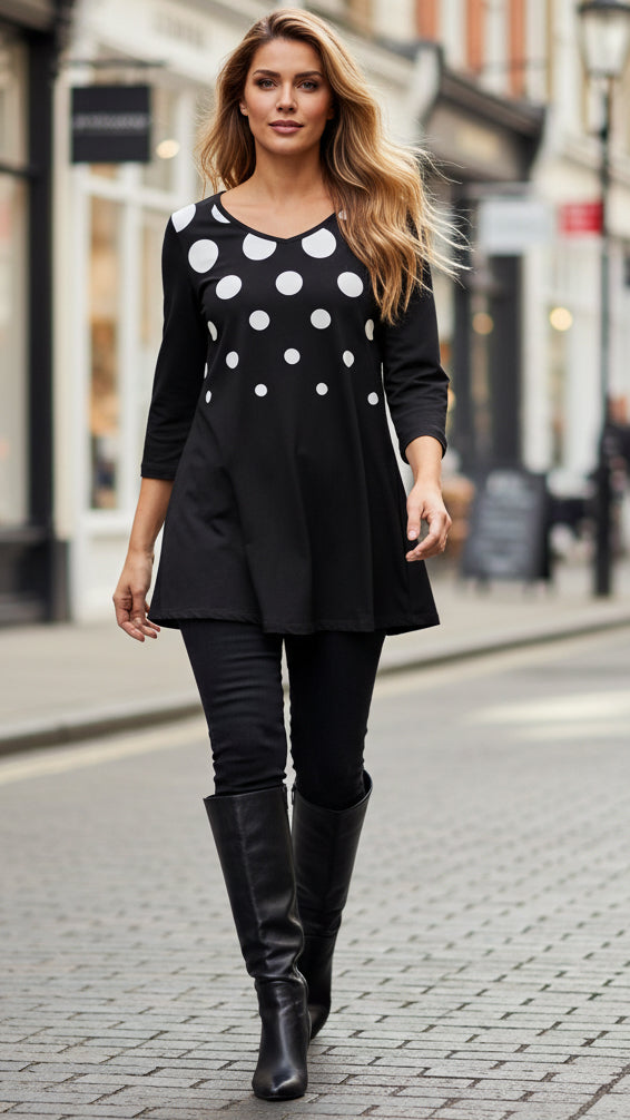 Soft V-Neck 3/4 Sleeve Tunic-Black White Dots