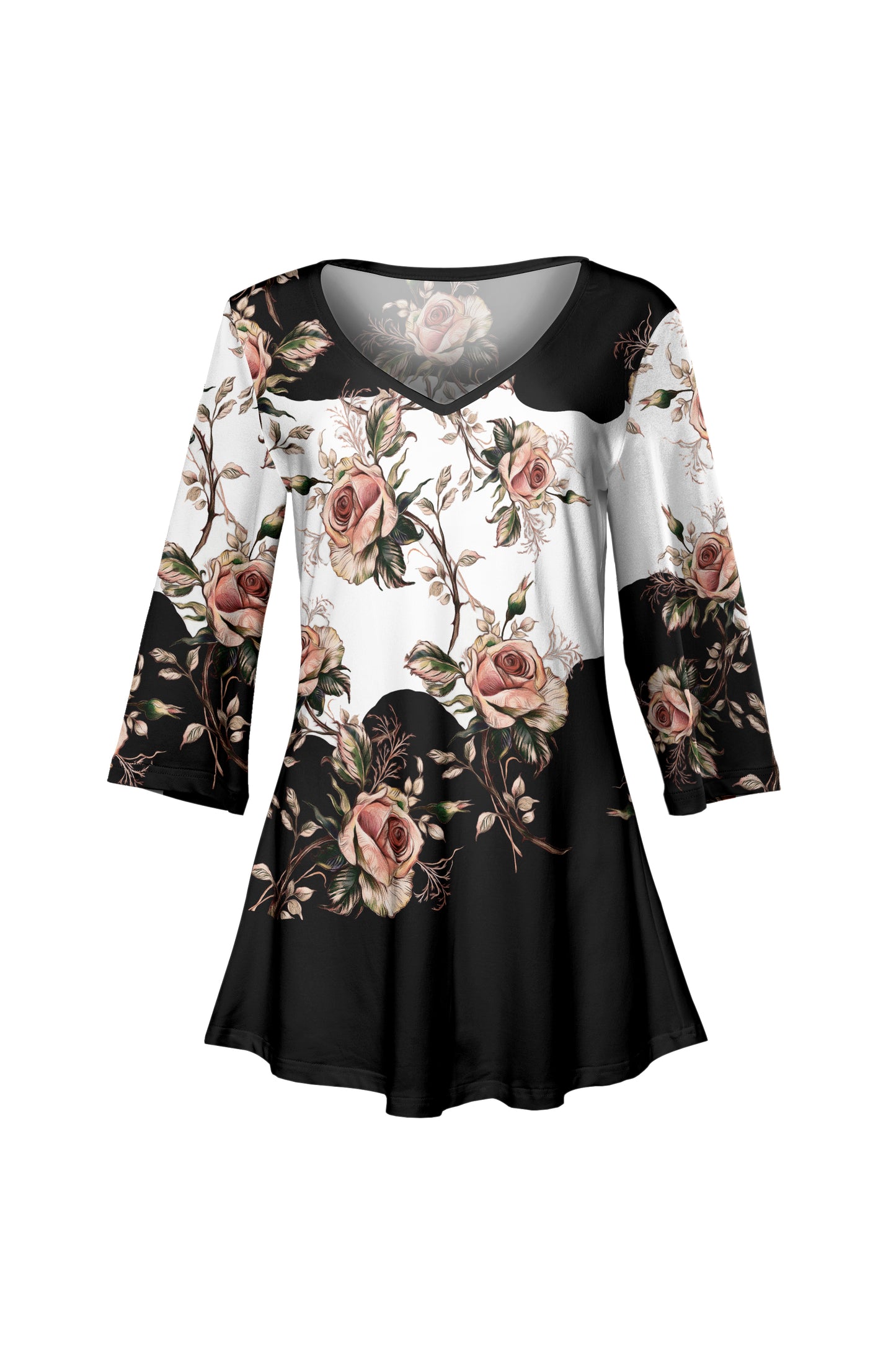 Soft V-Neck 3/4 Sleeve Tunic-Black White Rose