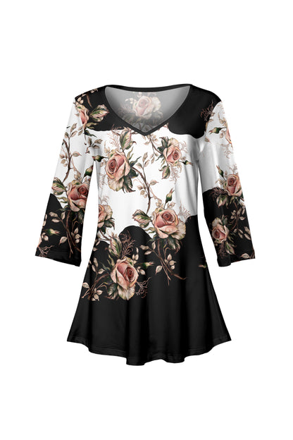 Soft V-Neck 3/4 Sleeve Tunic-Black White Rose