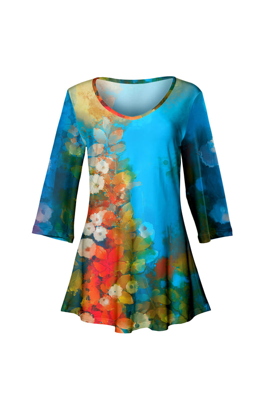 Soft V-Neck 3/4 Sleeve Tunic-Blue Yellow