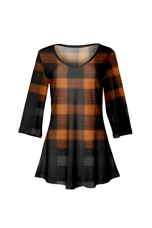 Soft V-Neck 3/4 Sleeve Tunic-Orange Black Plaids