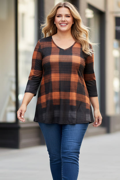 Soft V-Neck 3/4 Sleeve Tunic-Black White Dots