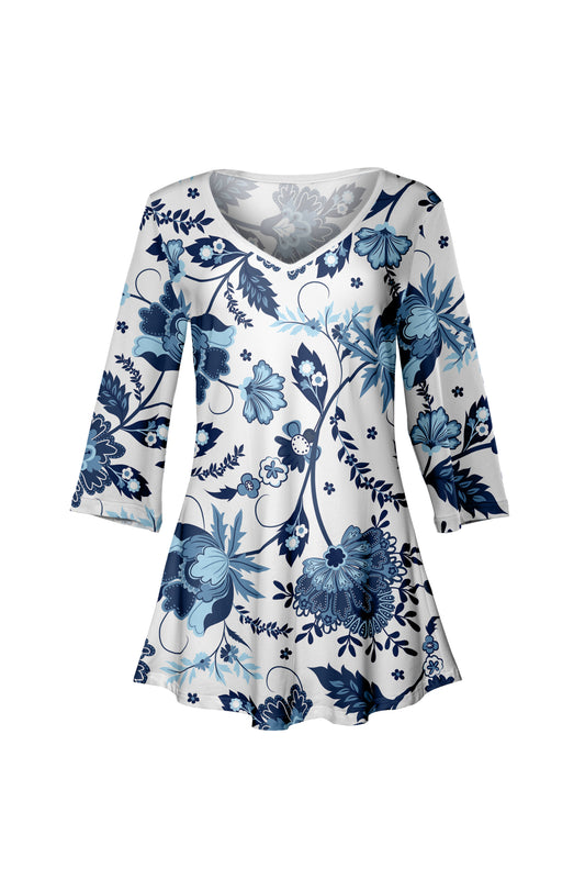 V-Collar Tunic-White Blue Floral