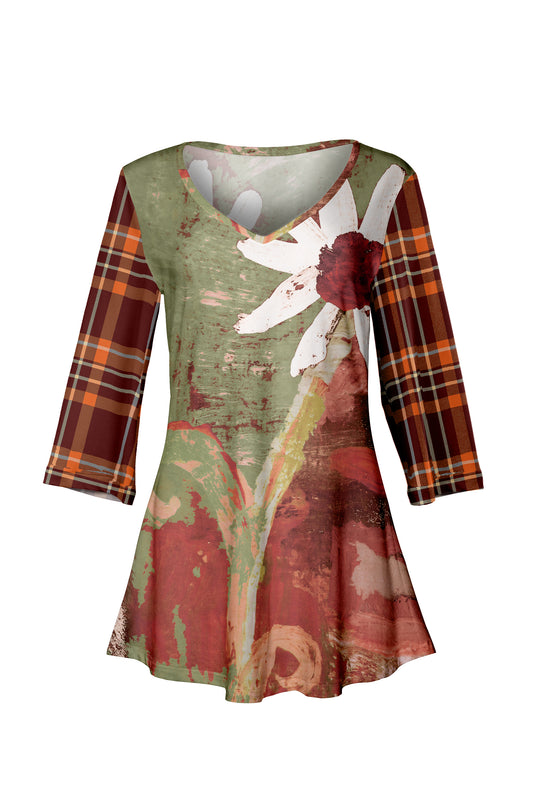 Soft V-Neck 3/4 Sleeve Tunic-Olive White Flower